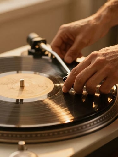 Close-up of hands gently placing a vinyl record on a vintage turntable, warm golden hour light, soft amber glow, shallow depth of field