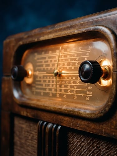 Close-up of a vintage wooden radio dial glowing with warm amber light, soft focus, 35mm film style, deep midnight blue background