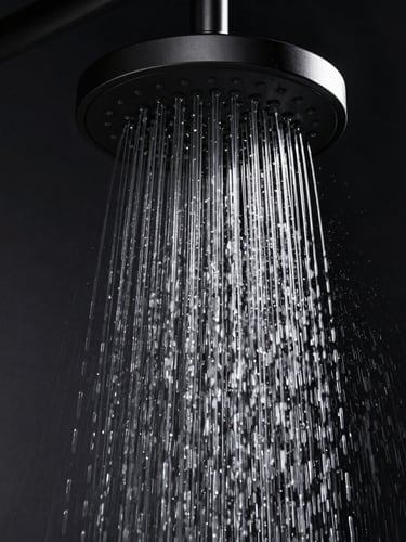 Symmetrical close-up of a monolithic matte black rain shower head, a single clean laminar stream of water falling vertically, dramatic side-lighting catching the sharp metallic edges against a deep obsidian background.