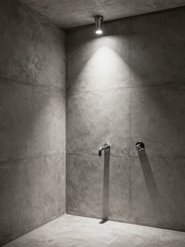 Wide-angle shot of a minimalist concrete bathroom featuring a single spotlighted chrome fixture, high contrast chiaroscuro lighting.