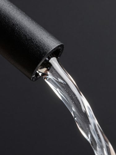 Extreme close-up macro shot of a perfect laminar water stream exiting a matte black spout, dark obsidian background, sharp metallic reflections.