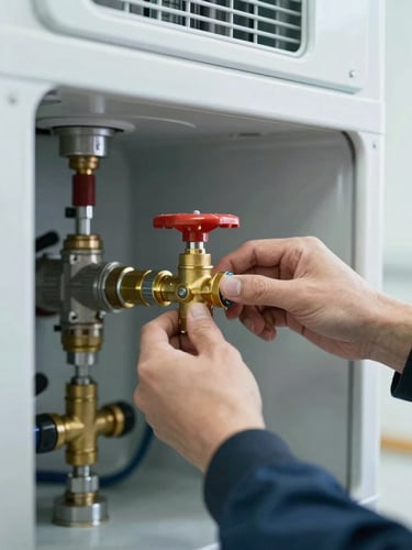 Close-up of technical hands adjusting a brass valve on a complex premium HVAC heating system, clean utility room, bright cool lighting, 35mm