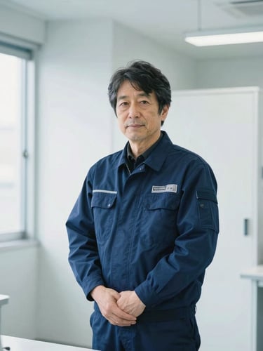 Professional portrait of a senior Japanese technical director in a clean dark-blue uniform, standing in a brightly lit, clean utility room, cool daylight, 35mm.