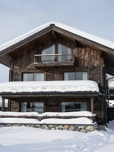 Sharp architectural photography of a modern luxury Niseko chalet exterior covered in deep snow, crisp cool winter daylight, high-contrast tones, 35mm.