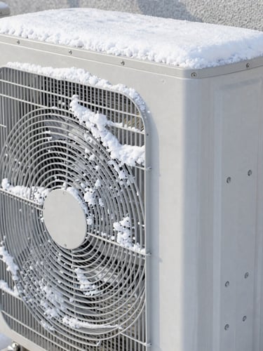 Sharp technical photography of a high-end HVAC heat pump system covered in fresh powder snow, bright cool winter daylight, architectural detail, 35mm