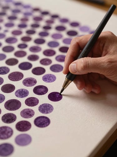 Close focus on an artist's hand applying a single dot to a canvas with a fine-tipped tool, diffuse warm ambient studio light, aubergine and lavender dot field partially complete in the background, only the hand and immediate canvas surface in frame — no face, no full figure