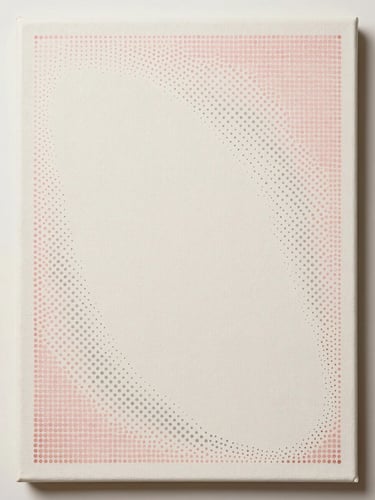 Close flatlay of a small pointillist panel, soft rose and grey dots forming an asymmetric arc across ivory ground, diffuse north-facing studio light, the arc opening toward the lower-right corner of the canvas