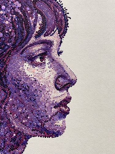 Extreme close-up of a finished pointillist canvas, diffuse north-facing studio light raking across dense dot clusters in deep aubergine and soft lavender, the dot texture revealed in sharp relief against warm ivory ground, left-aligned composition with open right field
