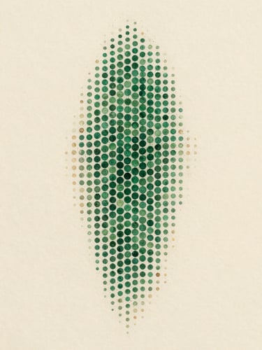 Close flatlay of a small pointillist panel, deep forest green and raw umber dots building a vertical column that widens at center then narrows again, diffuse studio light, warm ivory ground between each mark