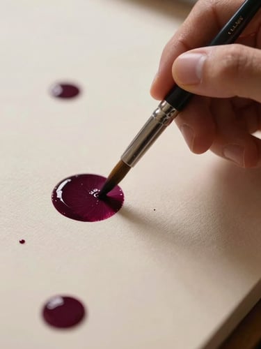 Extreme close-up of an artist's hand holding a fine-tipped brush, a single deep aubergine dot being applied to ivory canvas, surrounding dots visible in soft focus, diffuse warm studio light, no face visible