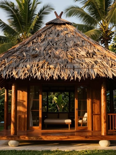 A luxurious tropical cabin with hand-woven palm roof and polished wood pillars, captured at golden hour with warm sunlight filtering through the trees, editorial architectural photography, 35mm