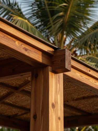 Close-up architectural photograph of polished wood joints and hand-woven palm roof under warm golden-hour tropical sunlight, rich textures, 35mm