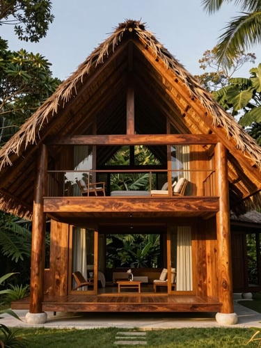 Modern luxury tropical cabin with high-pitched thatched roof, rich polished wood columns, integrated into a lush forest landscape, warm sunset light, editorial architectural photography