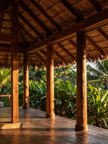 Warm architectural photography of a luxury tropical cabin with a woven palm roof, golden-hour sunlight filtering through cured wood pillars, lush green background, 35mm