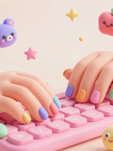 Close-up of hands with colorful pastel nails typing on a neon pink keyboard, floating 3D clay-like stickers around, bright studio lighting, macro.