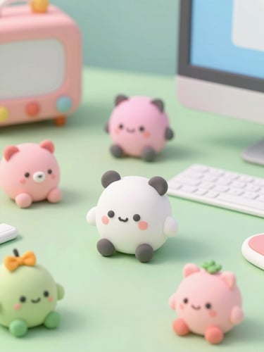 Creative workspace filled with colorful tech, pastel green desk, cute clay-style figurines, soft high-key studio lighting, playful angles.