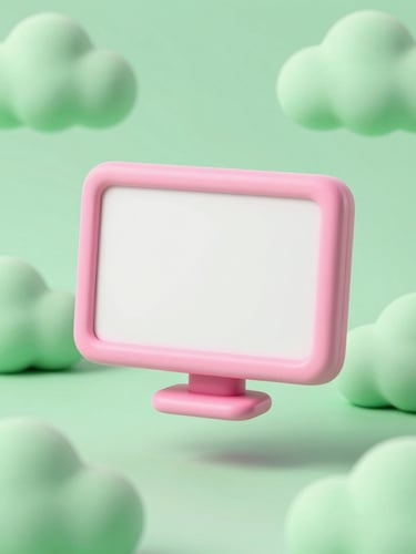 Playful 3D render of a glossy pink computer screen floating among soft pastel green clouds, claymation style, high-key lighting, macro.