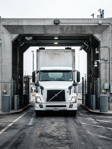 A straight-on, high-contrast shot of a commercial shipping truck passing through a concrete border checkpoint in bright overcast daylight, sharp architectural framing.