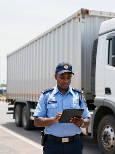 Portrait view of a customs agent in uniform, sharp focus, standing beside a heavy haulage truck at a SADC border crossing, digital customs documentation visible on a tablet, bright overcast daylight, high-contrast cool tones, crisp architectural framing, 35mm lens.