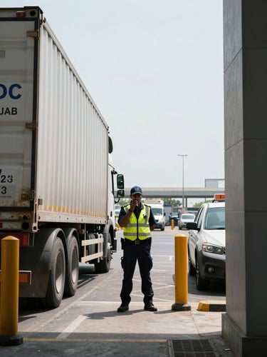 A Lur Majestic border agent in high-visibility gear, standing next to a commercial shipping truck at a busy SADC border checkpoint, actively communicating on a radio, bright overcast daylight, high-contrast cool tones, crisp architectural framing, 35mm lens.