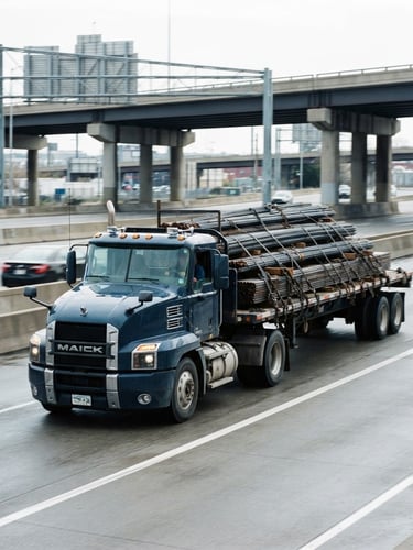 Flatbed truck carrying industrial steel rods and raw materials on a highway, bright overcast daylight, high-contrast cool tones, crisp architectural framing, 35mm lens