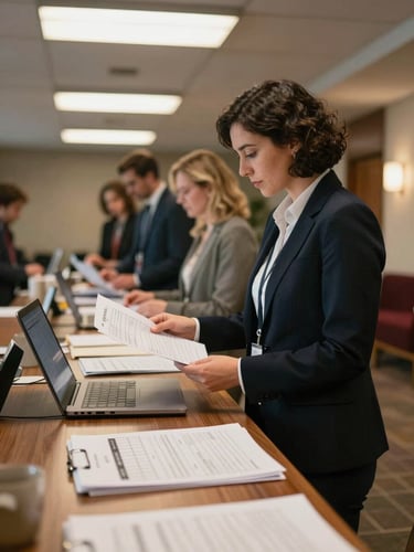 Close environmental shot inside a hotel conference lobby, a coordinator standing at a high table reviewing printed routing sheets and a laptop, overhead fluorescent and warm lobby light mixing, other group members visible in soft focus behind, documentary candid framing, no staged smiles