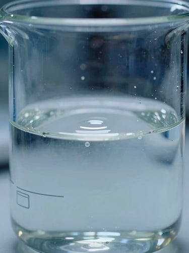 Extreme macro close-up of clear, high-viscosity organic titanate liquid inside a clinical quartz beaker, cool blue-toned laboratory lighting, sharp reflections, sterile environment.