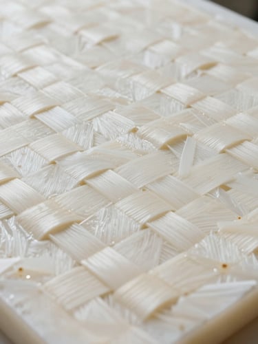 Close-up of a cured fiberglass composite panel showing the clean weave texture infused with clear polyester resin, clinical lighting