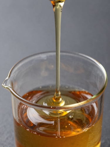 Macro photograph of highly viscous, clear amber-colored unsaturated polyester resin pouring smoothly into a glass beaker, clinical white lighting, dark slate background.