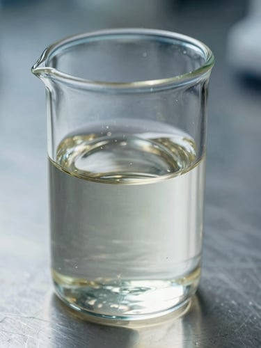 Macro close-up of clear liquid tetra isopropyl titanate in a clinical glass vessel, cool clinical laboratory lighting, high contrast stainless steel background