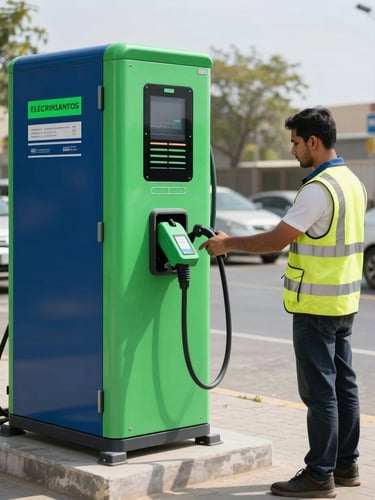 A sleek, modern electric battery swapping station in Karachi, bright daylight, commercial riders swapping batteries, professional clean environment, electric green accents.