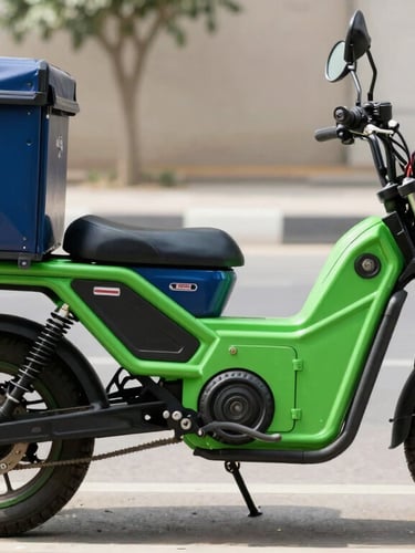 Side profile of a rugged electric commercial motorcycle with a heavy delivery box on the back, parked on a clean street in Karachi, bright daylight, electric green accents visible on the frame