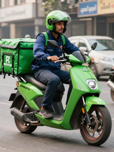 Medium action shot of a commercial delivery rider on a vibrant electric green motorcycle navigating a busy, sunlit street in Karachi, clean depth of field.