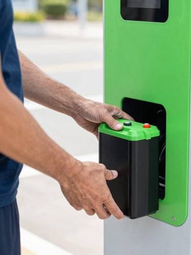 Close-up of a commercial rider swapping a sleek black and electric green battery pack into a modern docking station, bright natural daylight