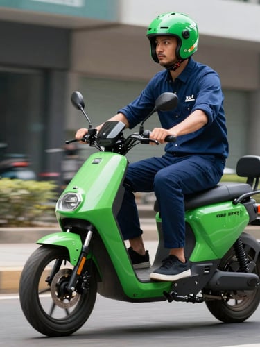 A commercial electric bike rider in Karachi wearing a branded green helmet, high-contrast daylight, sharp commercial photography, deep blue and electric green tones.