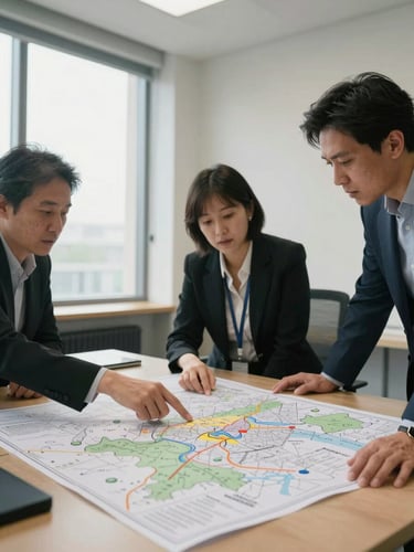 Wide environmental shot of a modest office meeting room, natural window light from the left, three consultants gathered around a large paper map spread on a table — one hand points to an annotated region, printed field notes visible on the surface, faces turned toward the document, not the camera