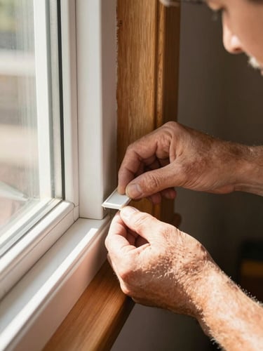 Close-up of a craftsman's hands carefully installing crisp white window trim, warm Texas morning light streaming in, 35mm