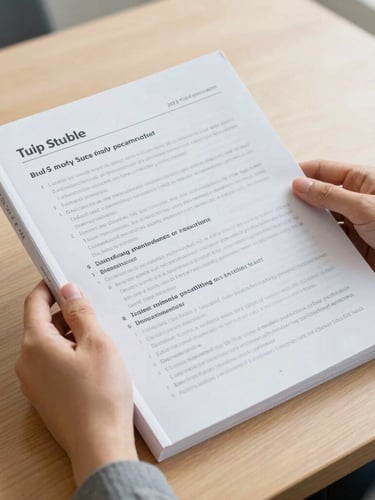 Hands holding a high-quality printed study guide on a wooden desk, soft daylight, professional editorial photography, 35mm