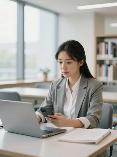 Focused professional studying in a bright, modern library, clean academic atmosphere, soft daylight, shallow depth of field, 35mm