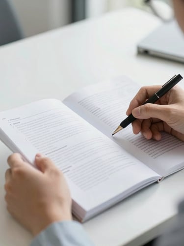 Close-up of a professional studying digital course materials on a clean desk, bright natural daylight, soft corporate tones, shallow depth of field, 35mm