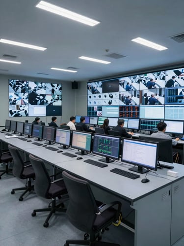 Wide architectural view of an enterprise control room floor, multiple large monitors displaying live security feeds and system dashboards, cool overhead fluorescent lighting, cable infrastructure visible beneath raised flooring panels in the foreground, no people, operational and precise