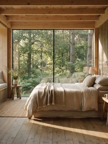 Architectural wide angle of a modern sustainable eco-lodge interior, soft morning window light casting long shadows on raw wood floors and linen sheets, 35mm photography