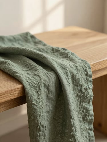 Macro close-up of tactile organic linen fabric draped over a raw oak bench, soft diffused morning light, warm sand tones
