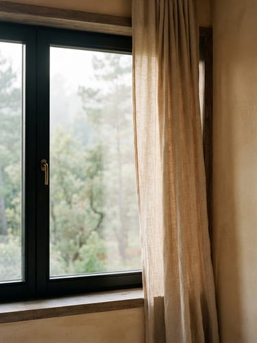 Architectural close-up of a modern eco-lodge window framing soft morning light, natural linen curtains draped gently, warm sand tones, 35mm photography