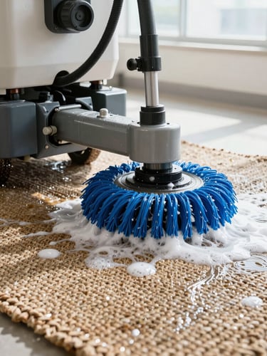 Bright modern industrial carpet washing facility, a heavy-duty machine with blue rotating brushes deep cleaning a thick woven rug, water and organic shampoo foam visible, high-key daylight.