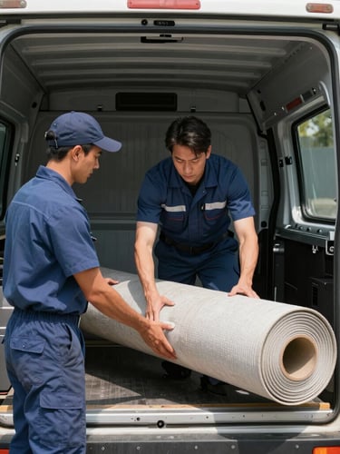 Technician in clean uniform loading rolled carpets into a modern delivery vehicle, bright daylight