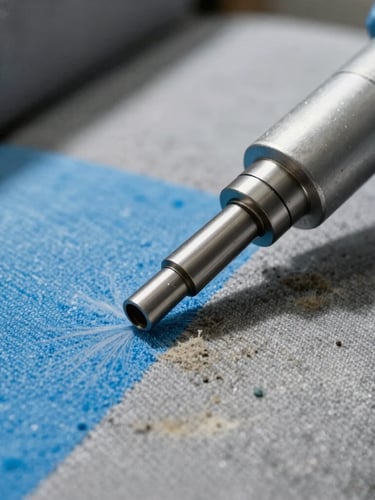 Macro shot of an industrial extraction vacuum nozzle cleaning a textured fabric sofa, showing a stark contrast between a clean, bright blue restored section and a dusty gray unwashed section, bright natural daylight.