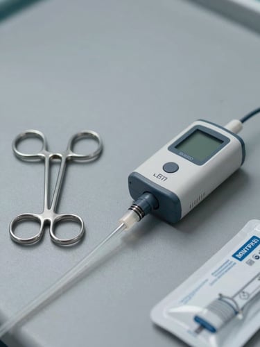 Straight-on studio shot of surgical instruments and a compact infusion device laid on a cool gray surface, even diffuse lighting, packaging detail visible in lower right corner, no human figures