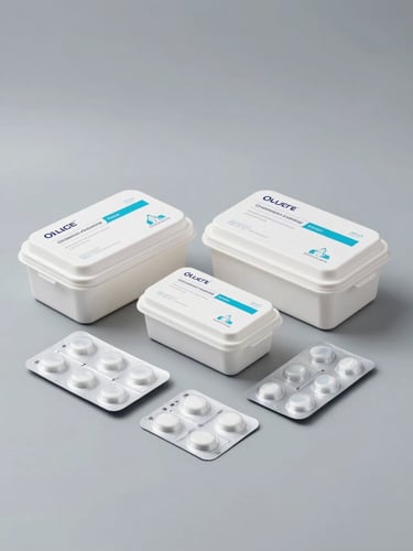 3/4 view of clinical cosmetic surgery product packaging—sterile boxed units and sealed blister packs arranged on a cool-grey studio surface, straight-on even studio lighting, no people, certification markings visible on packaging, clean minimal background