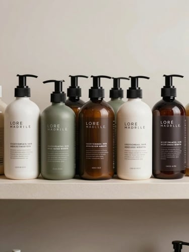 Straight-on studio shot of a row of professional hair treatment bottles and pump dispensers arranged on a neutral beige shelf, matte and glossy packaging mix, even soft studio lighting, no people, packaging details visible, cool off-white background